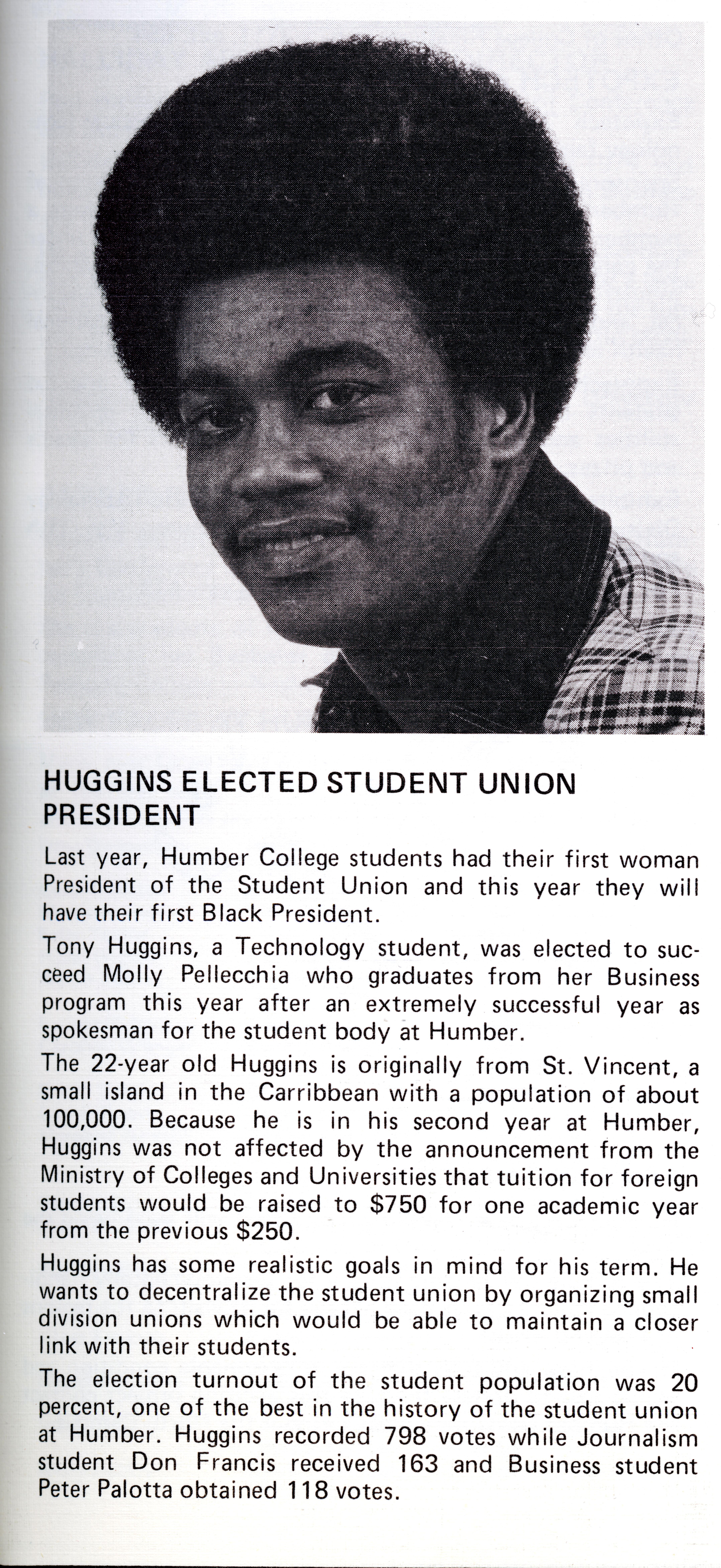 A newspaper clipping about Tony Huggins being elected student union president.