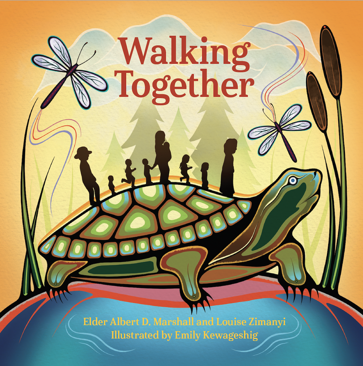 An illustrated book cover with the words Walking Together written on it. There’s a turtle with figures walking on it.