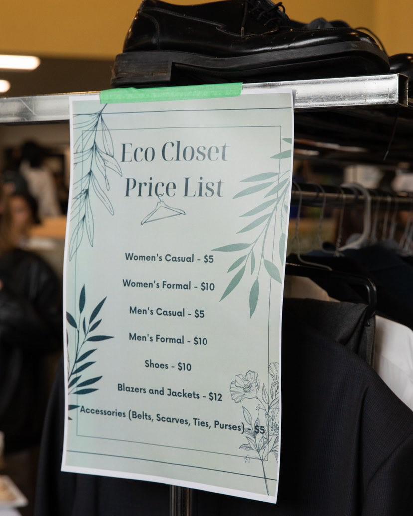 A sign listing the prices of clothing for the Eco Closet event.