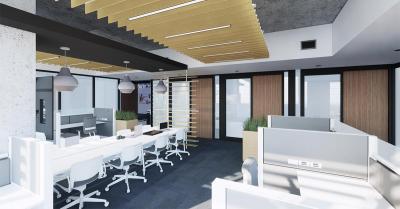 A 3D rendering shows a large room filled with computer cubicles and white furniture