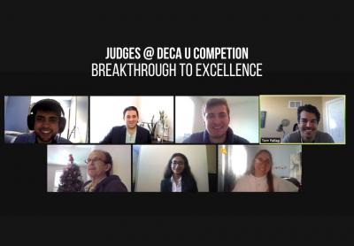 A screenshot of a Zoom meeting shows the seven judges of DECAs competition in a grid