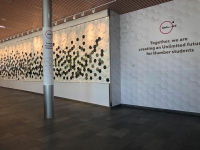 A wall in Gratitude Hall with a series of hexagons installed on it recognizing Humber College’s donors. 