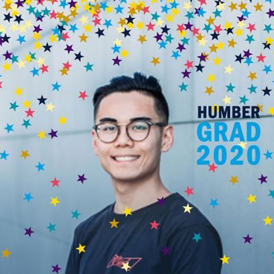 A stock image of a Humber grad with a Facebook sticker overtop, making it look like raining confetti