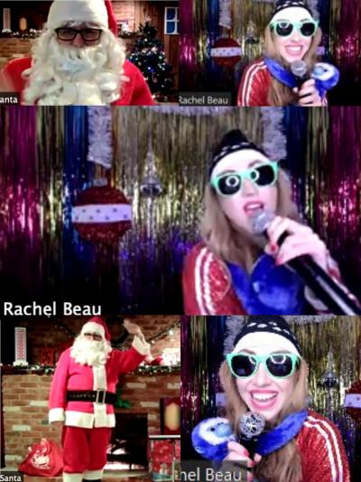 A screenshot of host Rachel Beau wearing flashy clothes and sunglasses in a split screen with Santa on Zoom