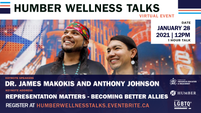 A poster for a Wellness Talk featuring Makosis and Johnson from the neck up, smiling in front of a mural