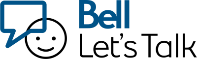 LOGO: The words Bell Let's Talk beside a smiley face outline in black with a speech bubble outlined in blue superimposed on top