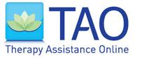 The TAO logo shows the letters TAO with "therapy assistance online" written below, all in blue against a white background