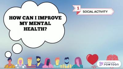 A blue slide shows a row of cartoon people and a thought bubble that says 'How do I improve my mental health?'