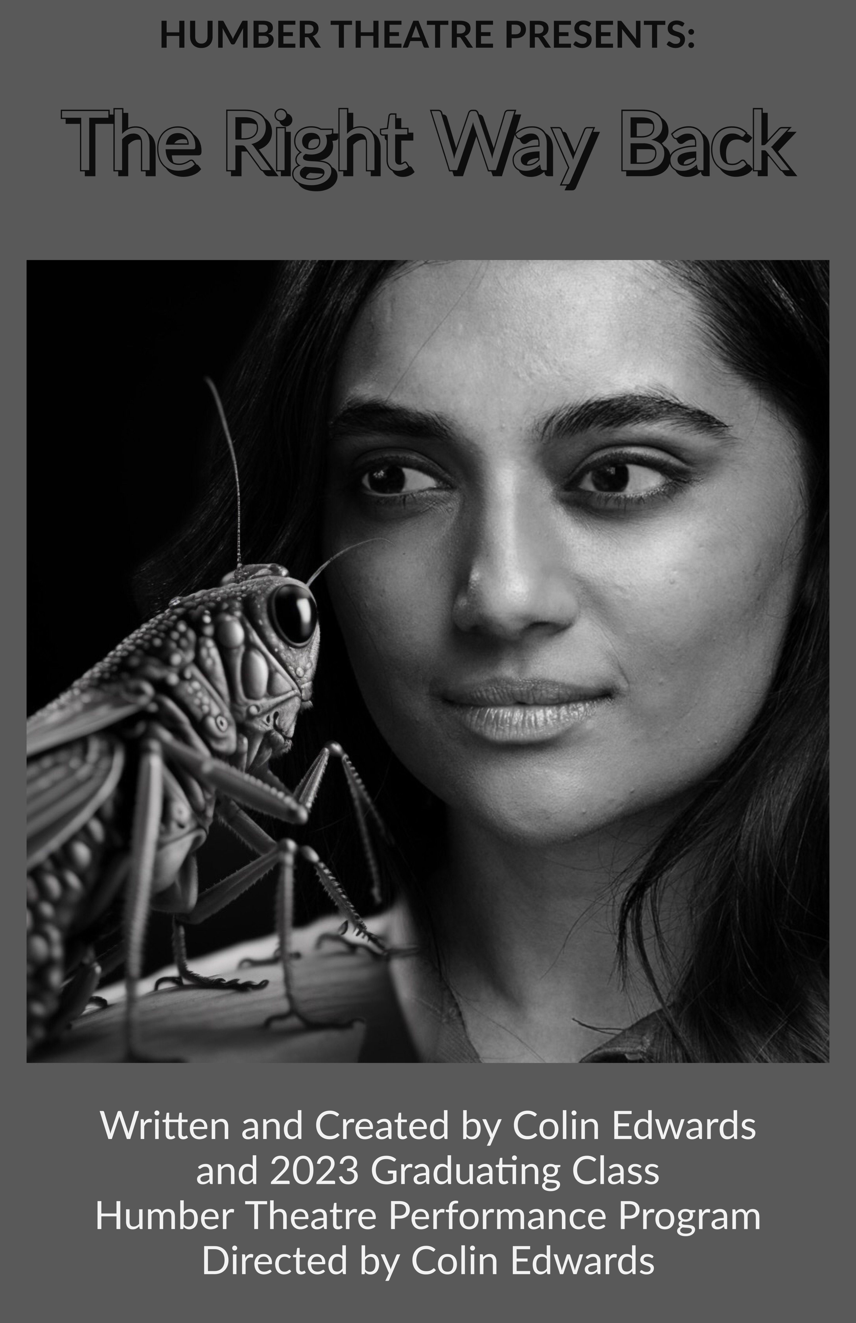 A woman with straight dark hair looks at a grasshopper. Production information included above and below photo.