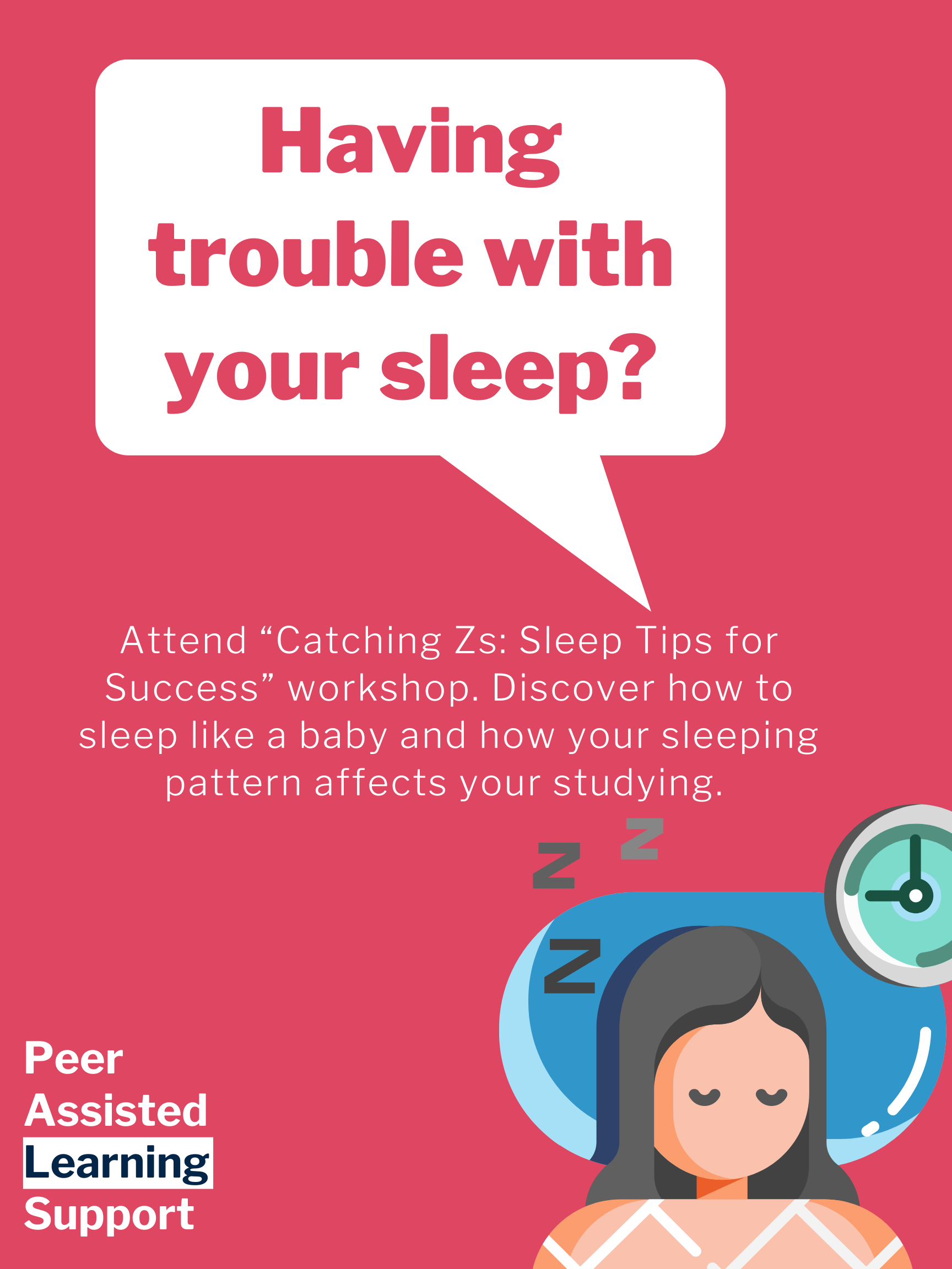 Person with black hair sleeping , sleep Zzz and a clock above their head