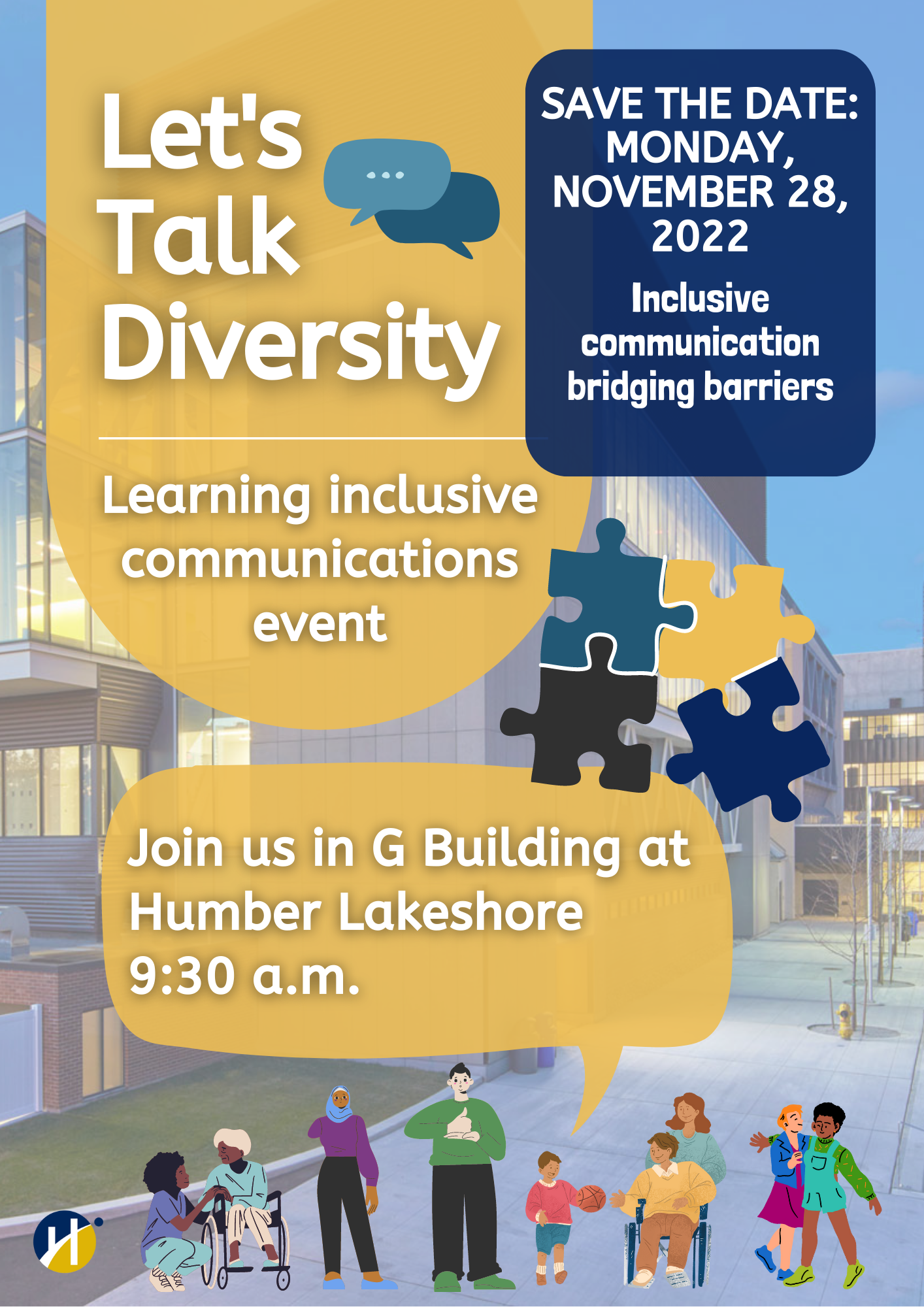 Save the date: Monday, November 28, 2022 for an event at Humber Lakeshore G building called 'Let's talk diversity'