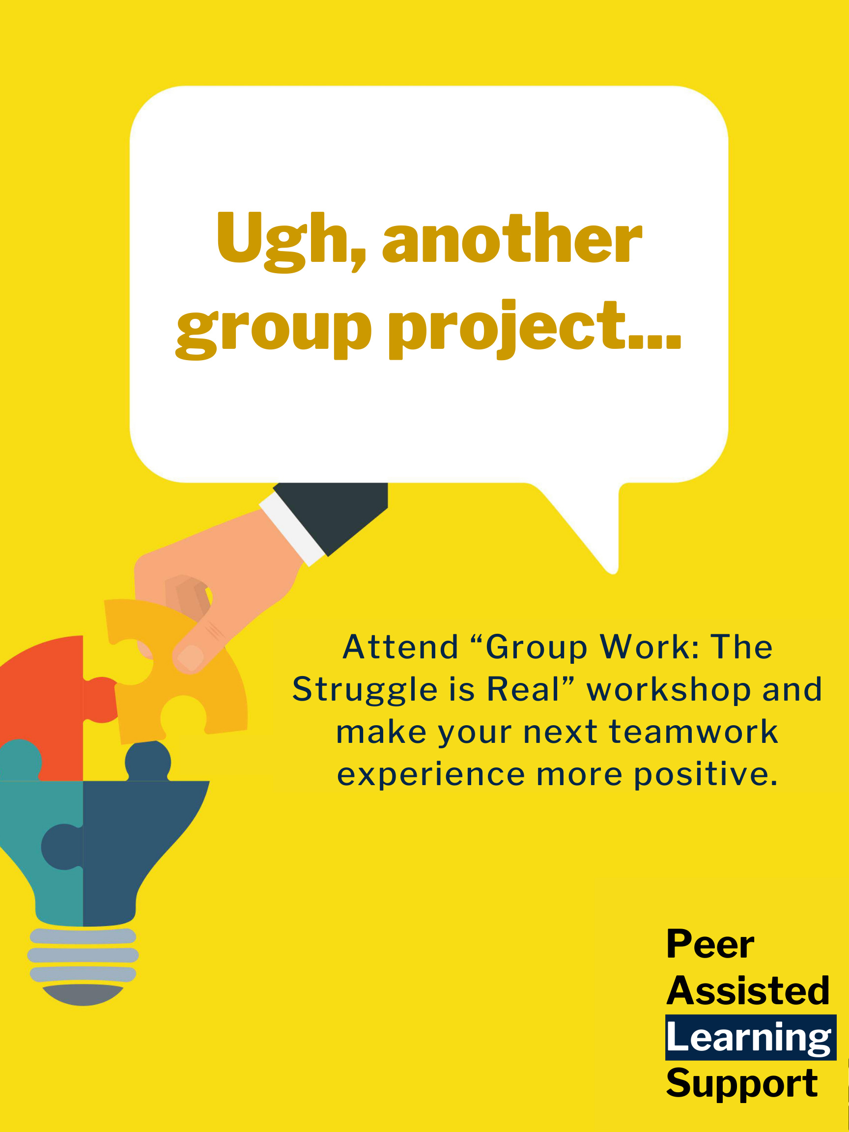 "Ugh, another group project" in a speech balloon