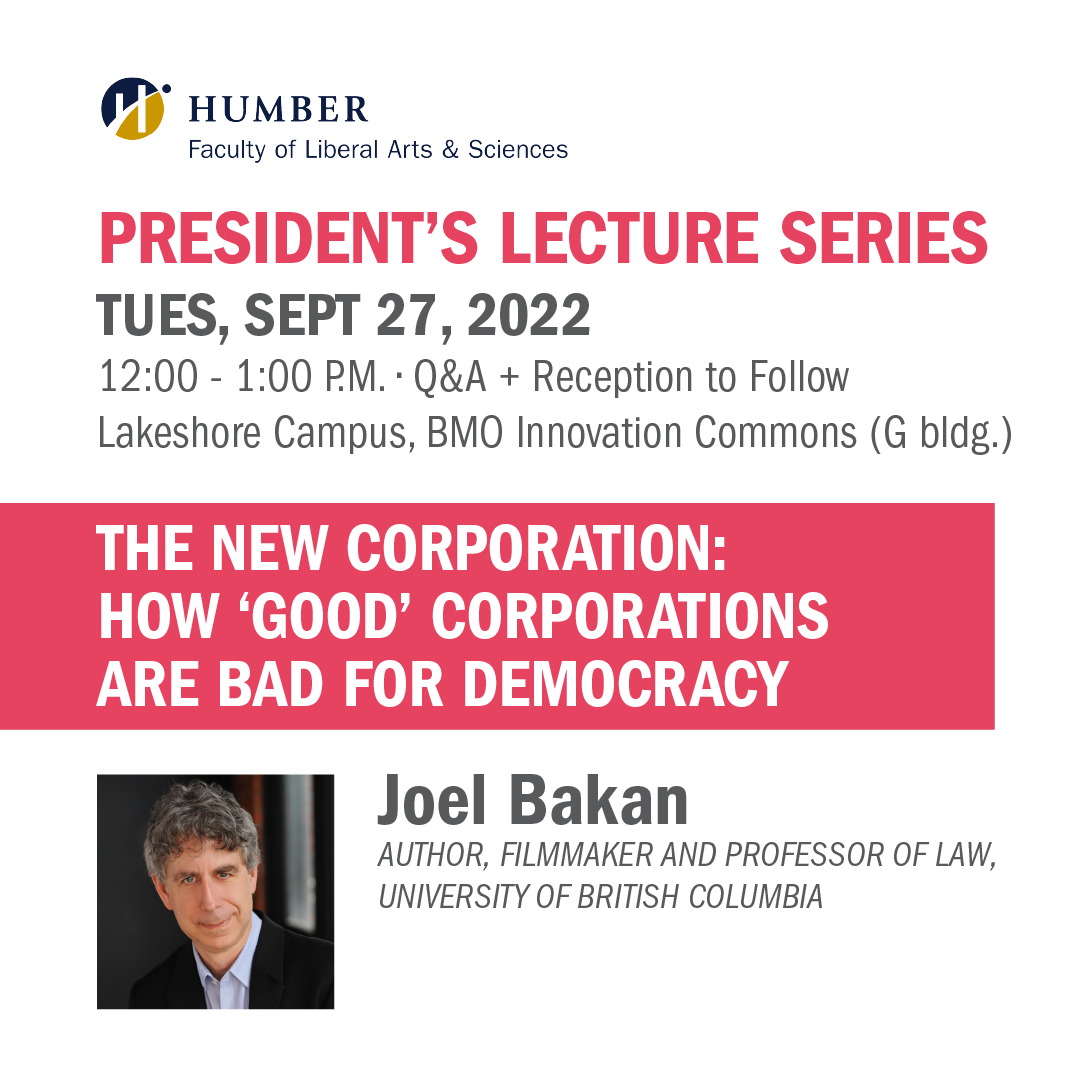 President's Lecture Series text post with photo of guest speak Joel Bakan