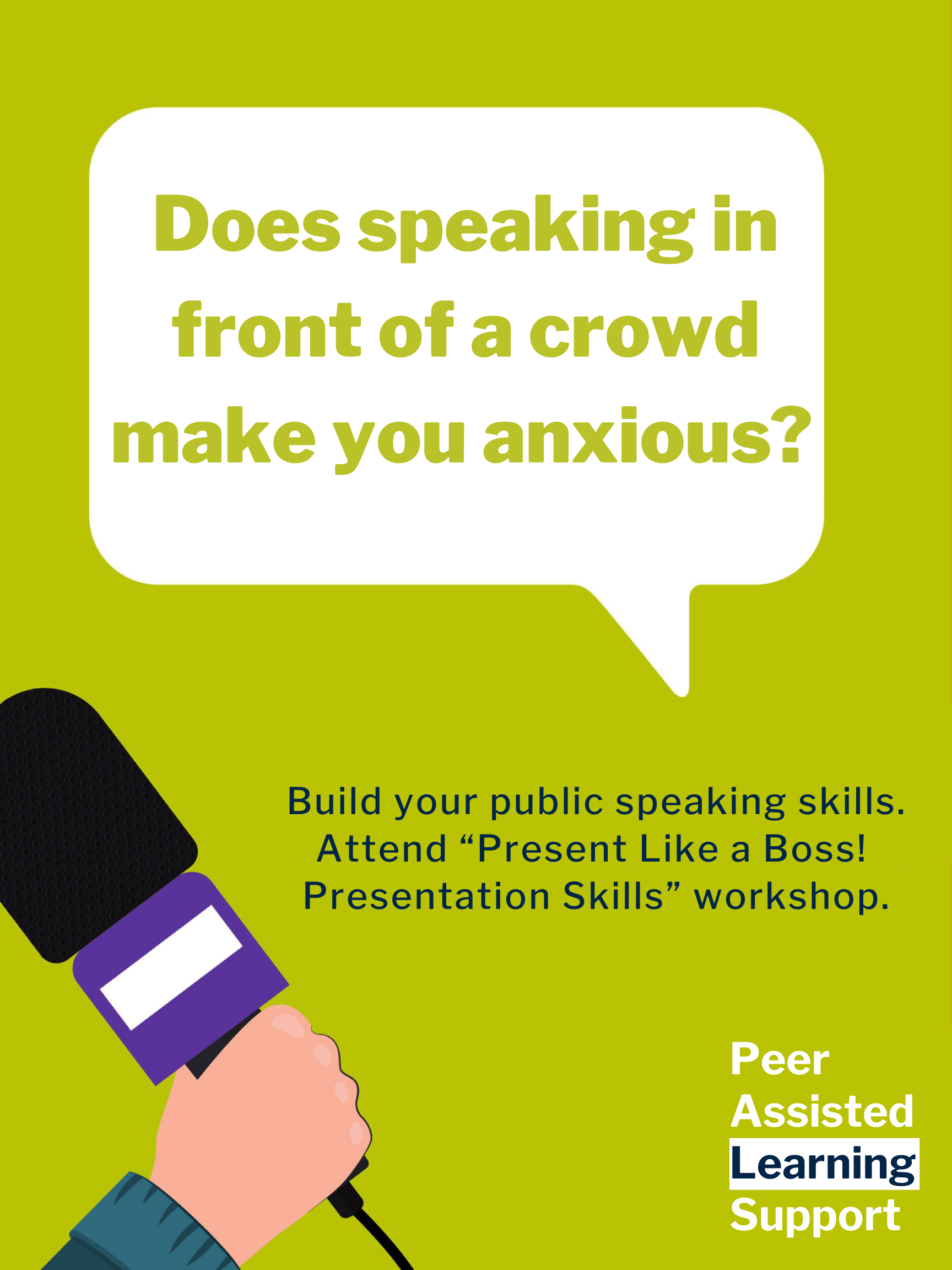 "Does speaking in front of a crowd make you anxious?" in a speech bubble