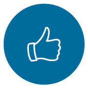 white line icon of a thumbs up with a blue background