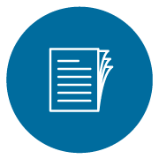 white line icon of the papers stacked and fanned out with a blue circle background