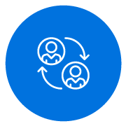 white line icon of two people with arrows transferring between them on a blue circle background