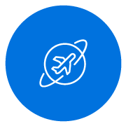 white line icon of an airplane flying around a globe on a blue circle background