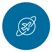 white line icon of an airplane flying around a globe on a blue circle background