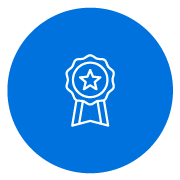 white line icon of a badge on a blue circle background