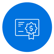 white line icon of a certificate with a badge on it on a blue circle background