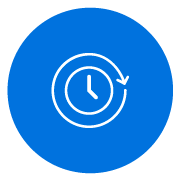 white line icon of a clock with an arrow going around it on a blue circle background