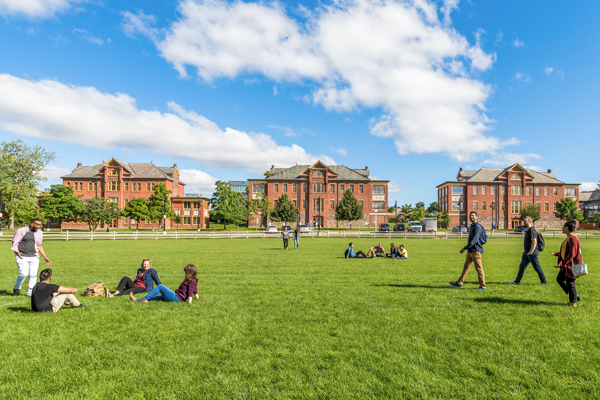 Students mingling and walking around Lakeshore campus grounds on a sunny day