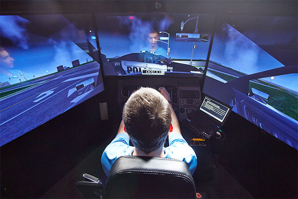 Person in a police simulation vehicle