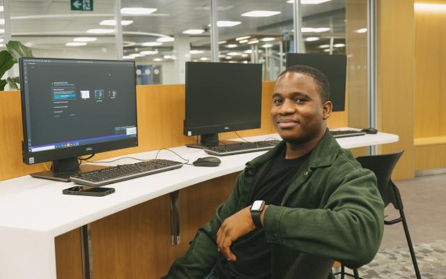 Lucky Temitope Osunbiyi in a computer lab at Humber's North Campus 