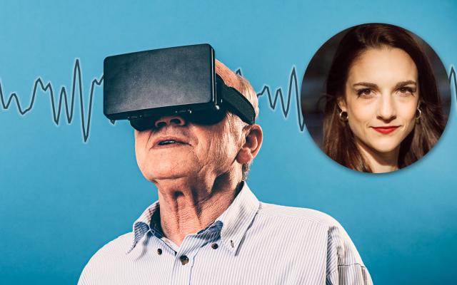 Blue banner - Samantha's photo on right, older man with VR headset in the front